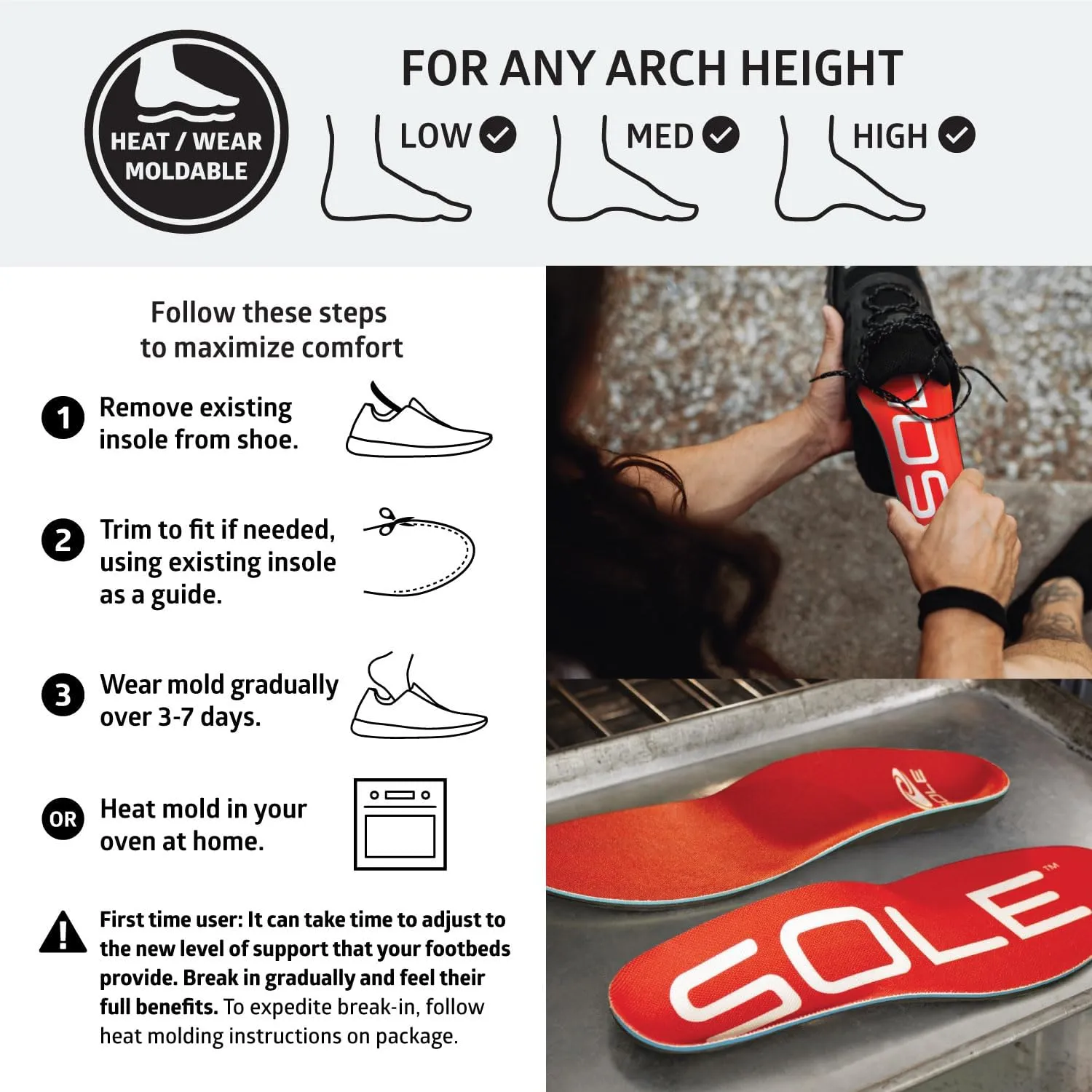 SOLE Active Medium Insoles – Orthotic Arch Support Inserts for Plantar Fasciitis Relief - Mens 3/Womens 5, 1 Pair