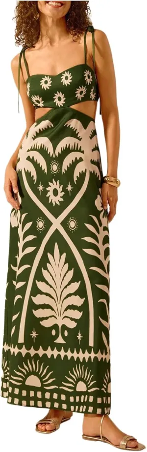 SOLY HUX Women's Summer Maxi Dress Boho Print Tie Shoulder Spaghetti Strap Cut Out Tie Back Cami Dresses Sundress