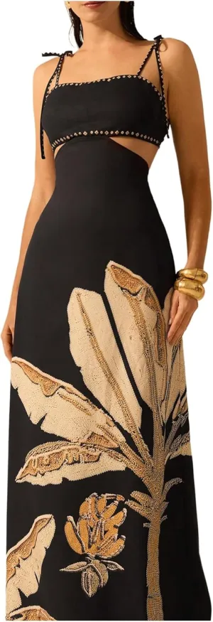 SOLY HUX Women's Summer Maxi Dress Boho Print Tie Shoulder Spaghetti Strap Cut Out Tie Back Cami Dresses Sundress