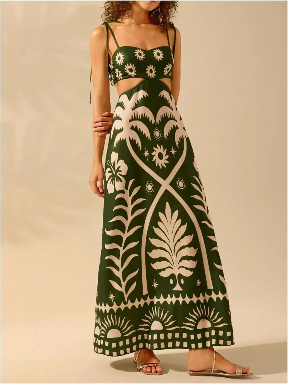 SOLY HUX Women's Summer Maxi Dress Boho Print Tie Shoulder Spaghetti Strap Cut Out Tie Back Cami Dresses Sundress