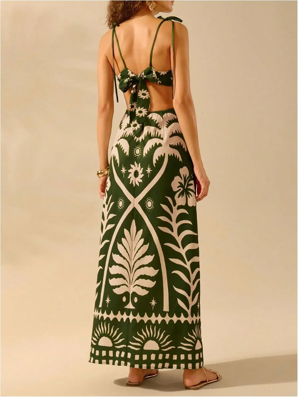 SOLY HUX Women's Summer Maxi Dress Boho Print Tie Shoulder Spaghetti Strap Cut Out Tie Back Cami Dresses Sundress