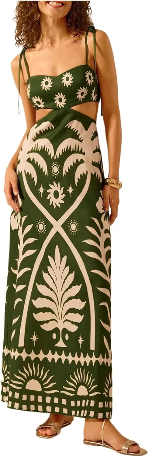 SOLY HUX Women's Summer Maxi Dress Boho Print Tie Shoulder Spaghetti Strap Cut Out Tie Back Cami Dresses Sundress