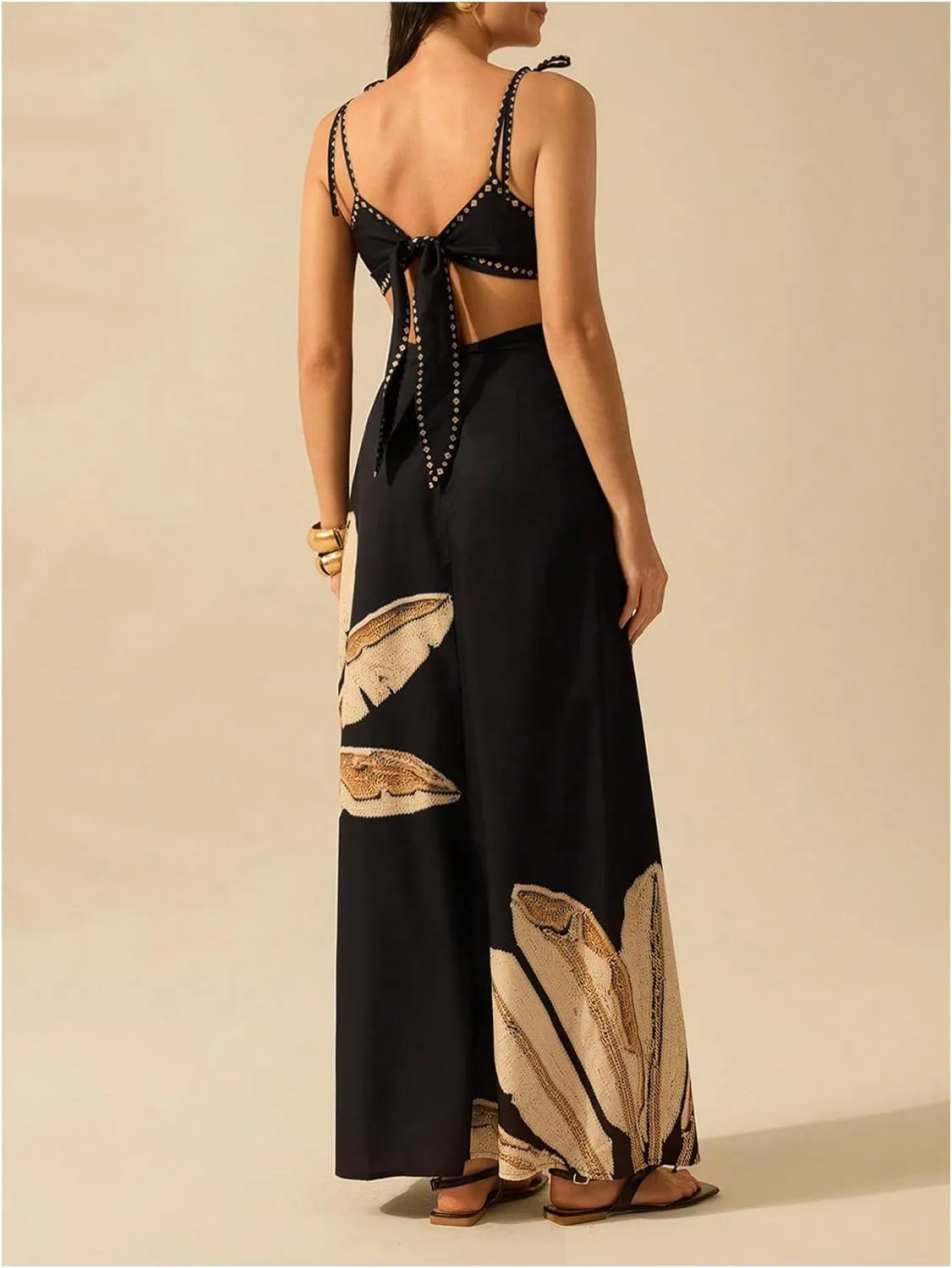 SOLY HUX Women's Summer Maxi Dress Boho Print Tie Shoulder Spaghetti Strap Cut Out Tie Back Cami Dresses Sundress