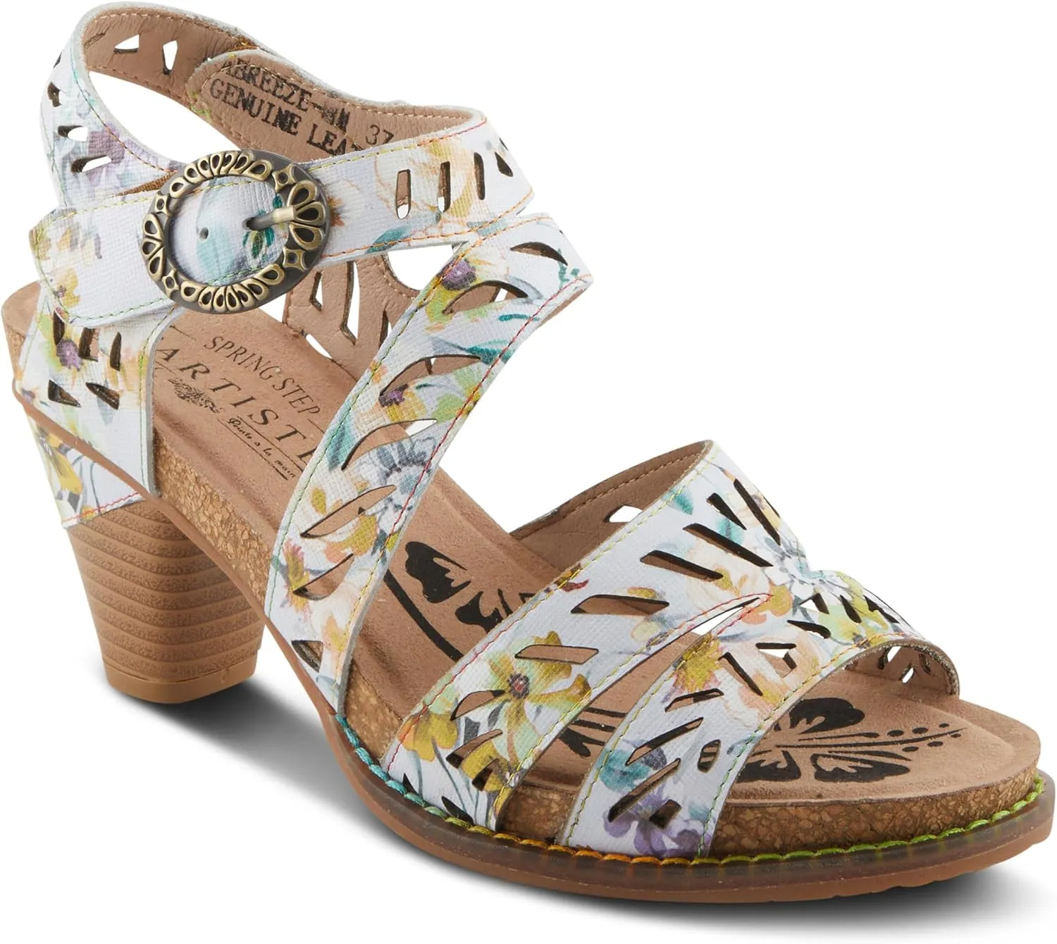 Spring Step L'Artiste Women's ABREEZE Laser-Cut Floral Sandals - Leather-Wrapped Stacked Heel, Comfortable Footbed