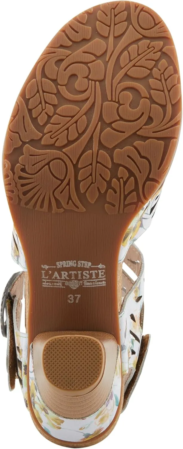 Spring Step L'Artiste Women's ABREEZE Laser-Cut Floral Sandals - Leather-Wrapped Stacked Heel, Comfortable Footbed