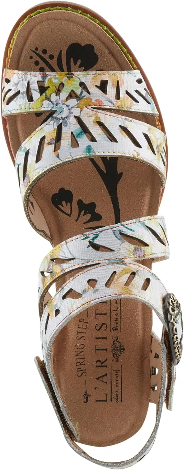 Spring Step L'Artiste Women's ABREEZE Laser-Cut Floral Sandals - Leather-Wrapped Stacked Heel, Comfortable Footbed