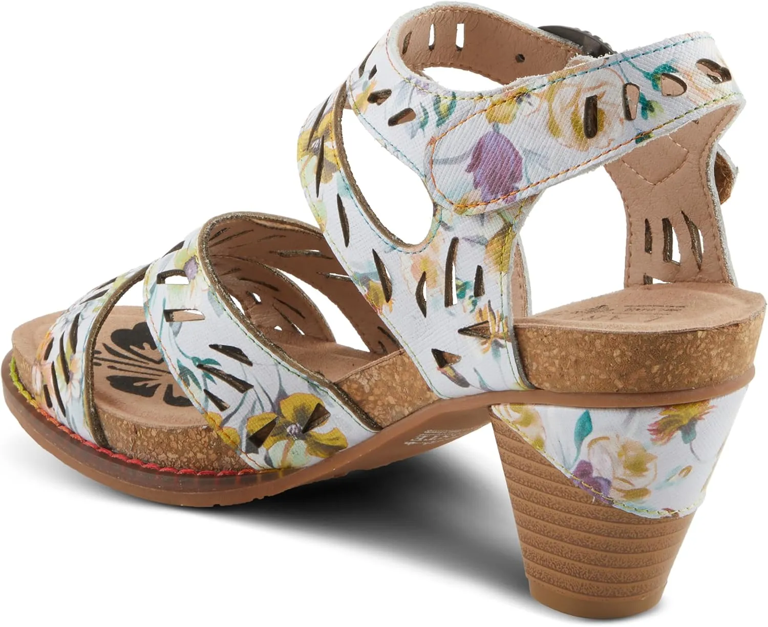 Spring Step L'Artiste Women's ABREEZE Laser-Cut Floral Sandals - Leather-Wrapped Stacked Heel, Comfortable Footbed