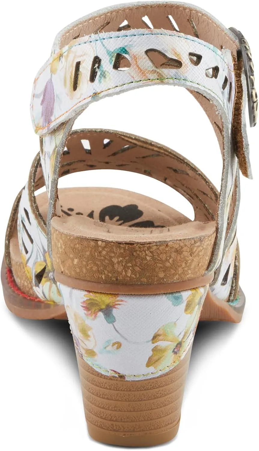 Spring Step L'Artiste Women's ABREEZE Laser-Cut Floral Sandals - Leather-Wrapped Stacked Heel, Comfortable Footbed