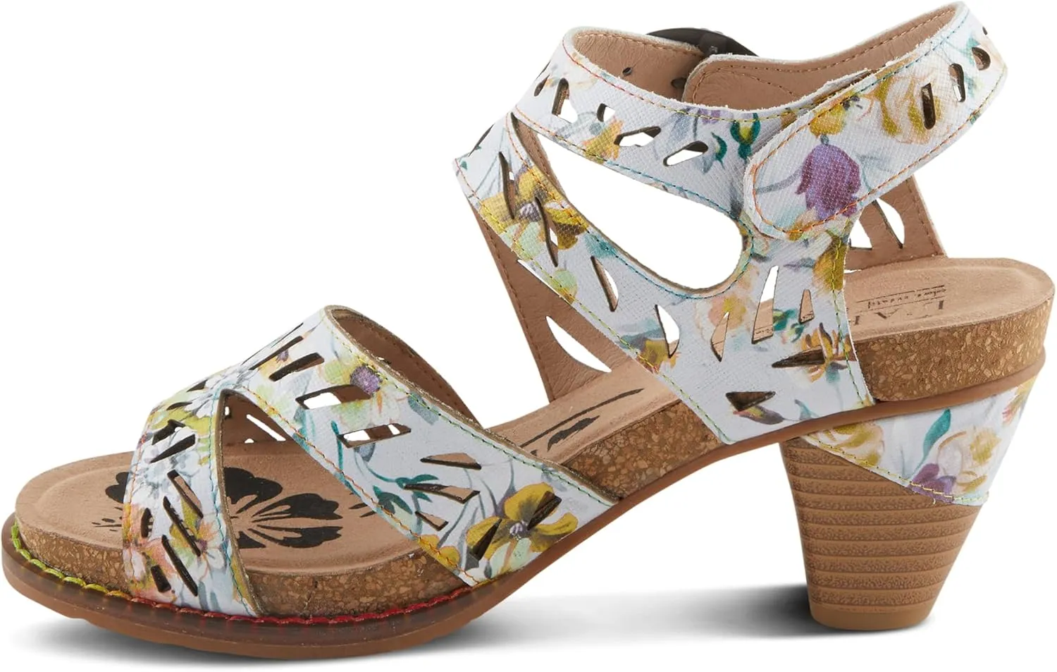 Spring Step L'Artiste Women's ABREEZE Laser-Cut Floral Sandals - Leather-Wrapped Stacked Heel, Comfortable Footbed