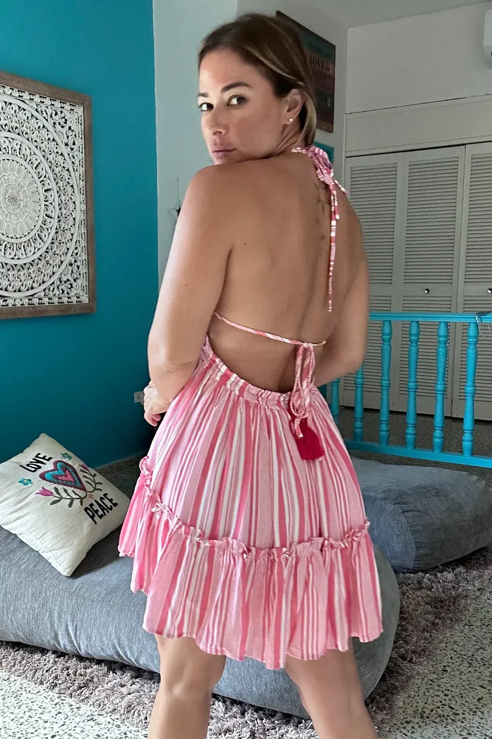 Striped Tiered Halter Backless Summer Mini Dress