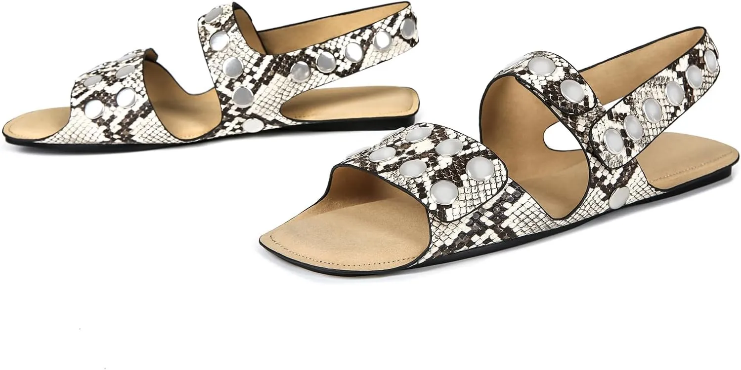 Studded Flats Sandals for Women Open Toe Backless Slide Sandals Adjustable Double Strap Shoes with Hidden Button Slip On Comfortable Casual Summer