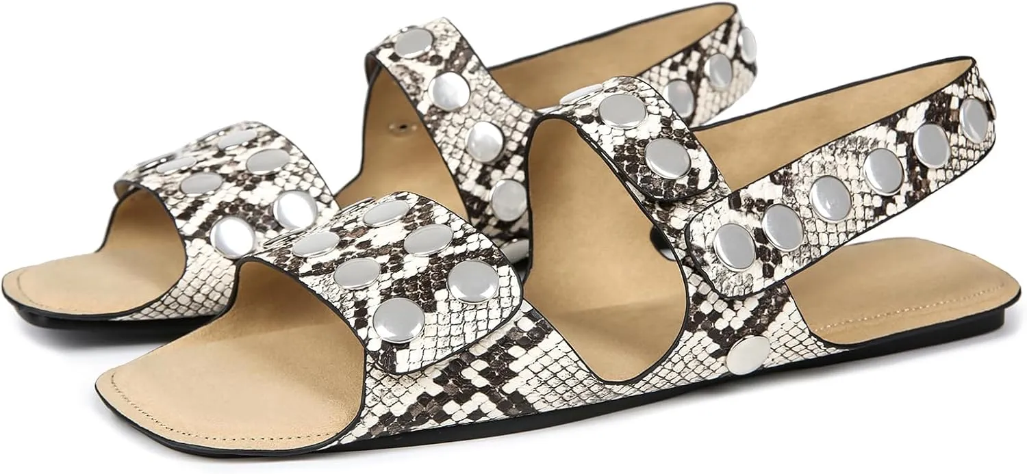 Studded Flats Sandals for Women Open Toe Backless Slide Sandals Adjustable Double Strap Shoes with Hidden Button Slip On Comfortable Casual Summer