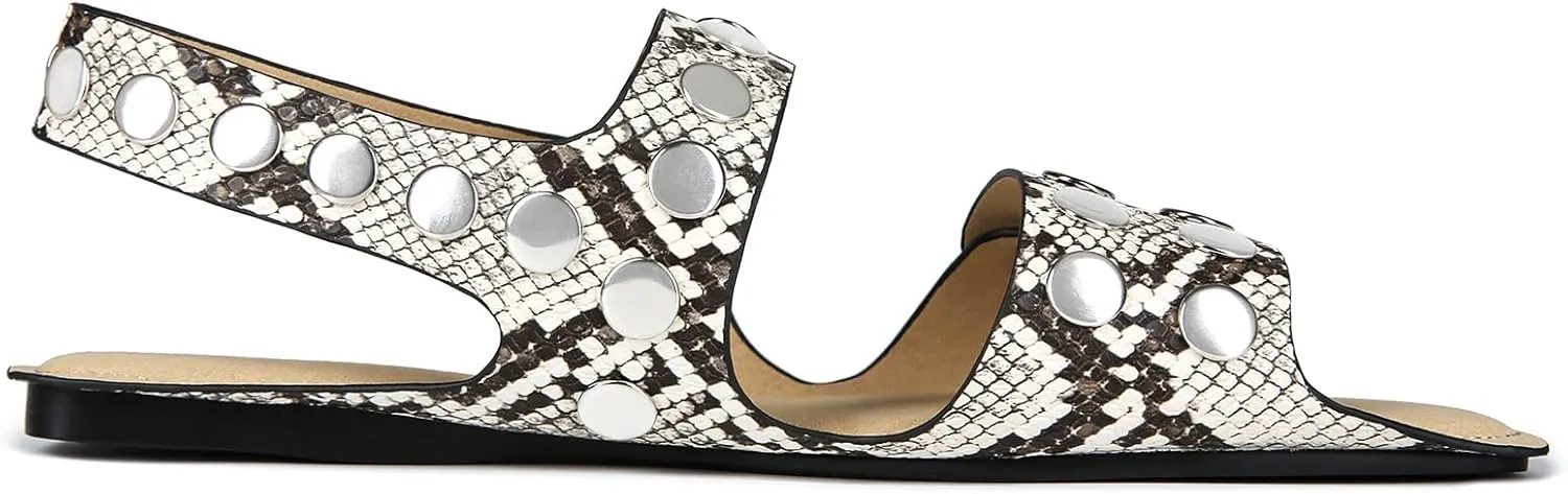 Studded Flats Sandals for Women Open Toe Backless Slide Sandals Adjustable Double Strap Shoes with Hidden Button Slip On Comfortable Casual Summer