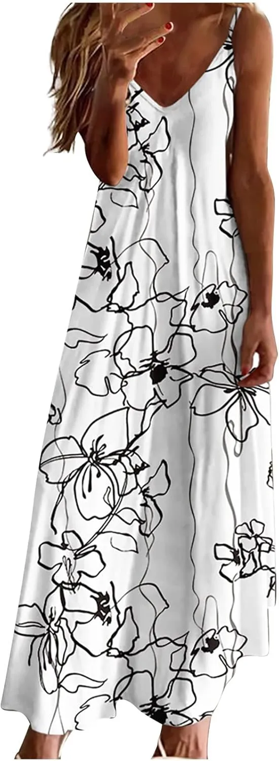 Summer Dresses for Women 2025 Beach Vacation Sexy Spaghetti Strap v Neck Sun Dress Flowy Maxi Long Sundresses Trendy