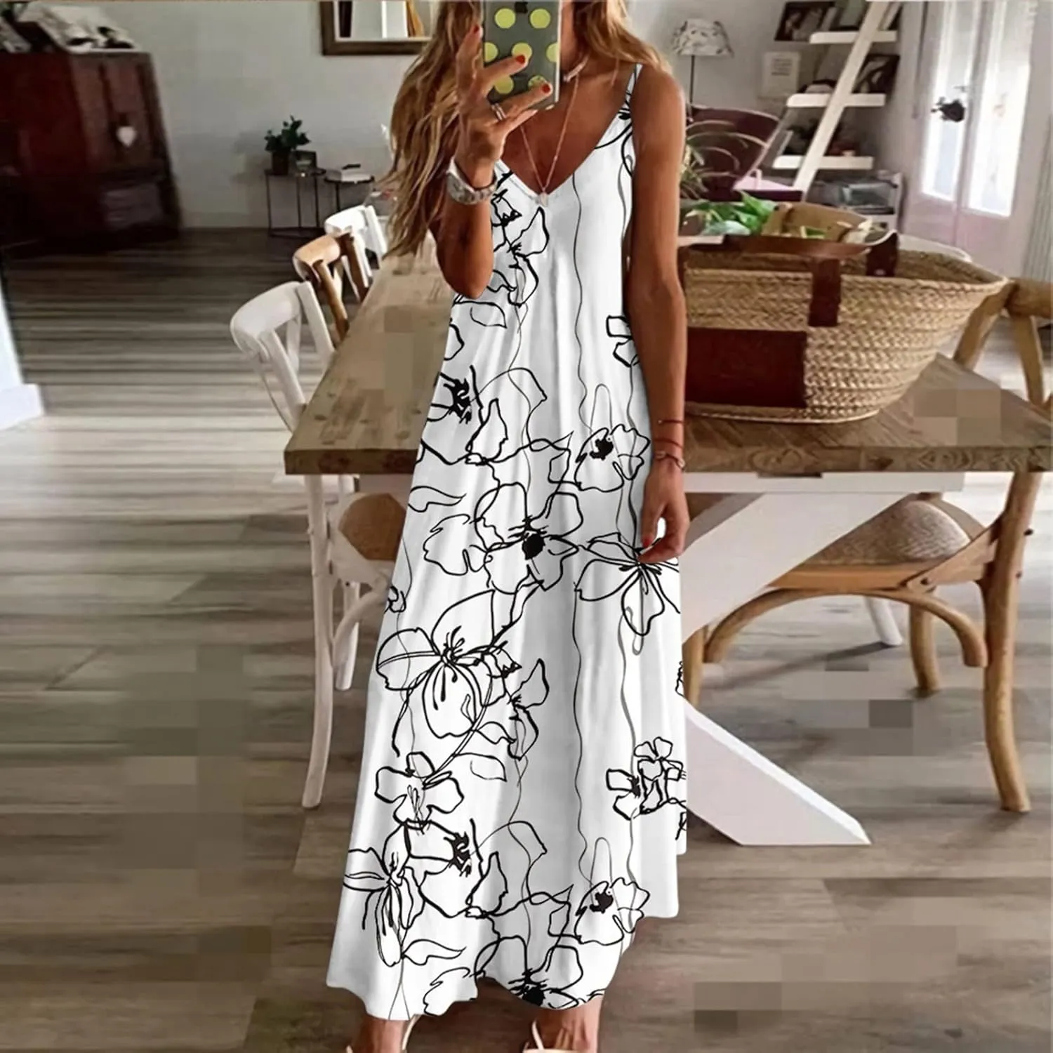 Summer Dresses for Women 2025 Beach Vacation Sexy Spaghetti Strap v Neck Sun Dress Flowy Maxi Long Sundresses Trendy