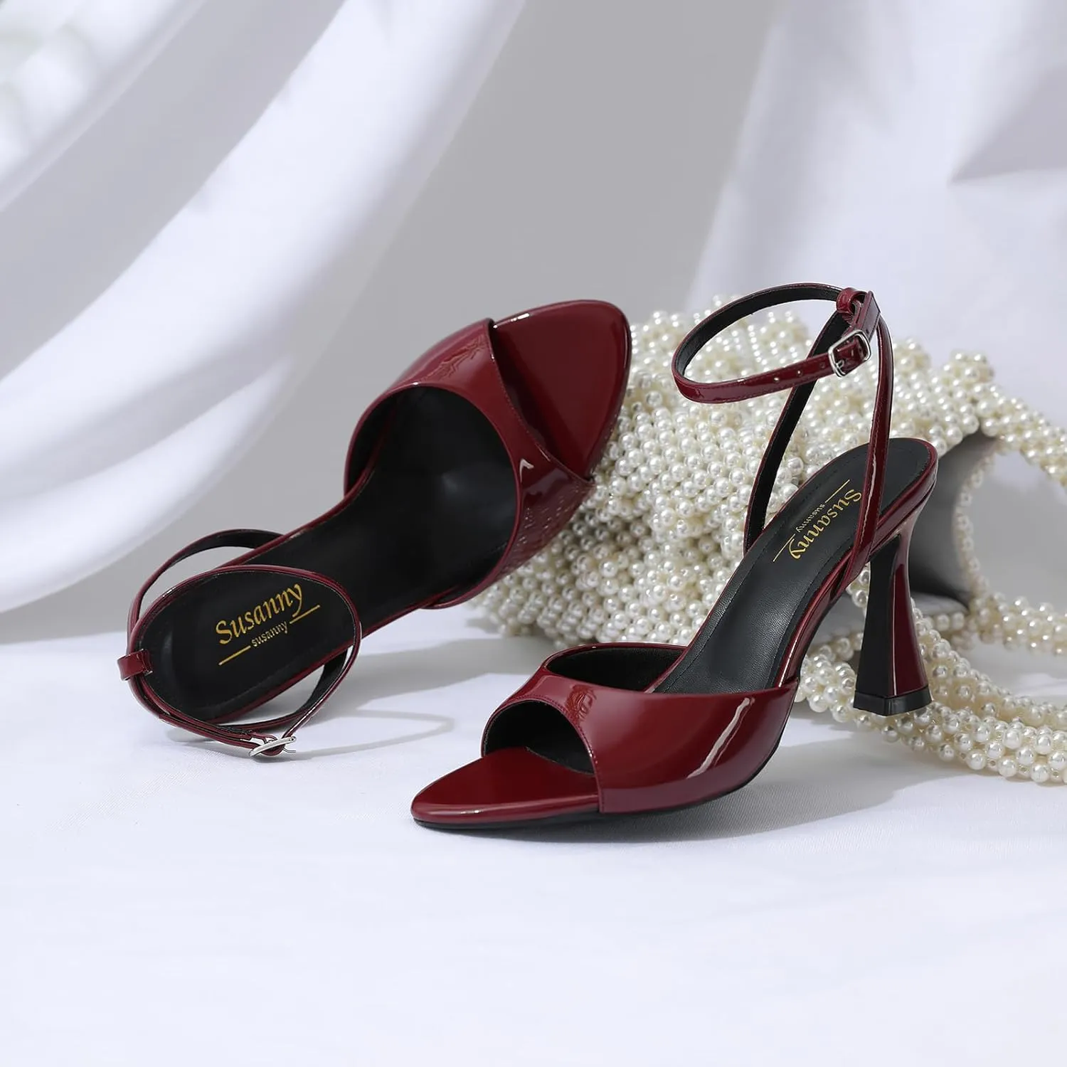 Susanny High Heels for Women Pointed Open Toe Strappy Chunky Block Heels Ankle Strap Stiletto Kitten Heeled Sandals Wedding Bridal Party Prom Sexy Dress Shoes