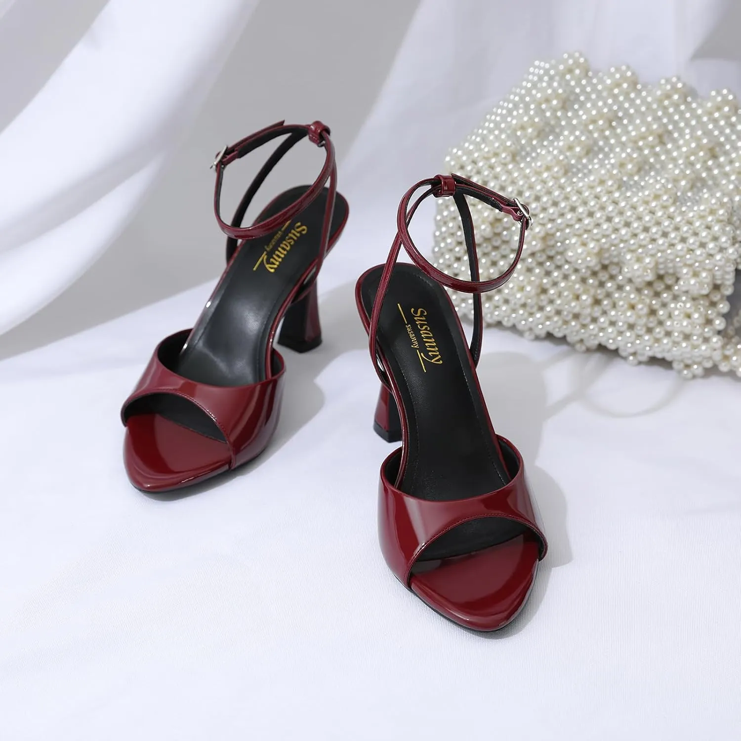 Susanny High Heels for Women Pointed Open Toe Strappy Chunky Block Heels Ankle Strap Stiletto Kitten Heeled Sandals Wedding Bridal Party Prom Sexy Dress Shoes