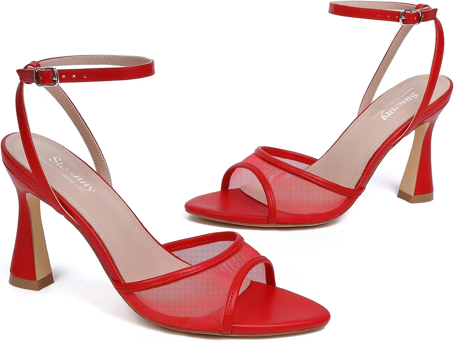 Susanny High Heels for Women Pointed Open Toe Strappy Chunky Block Heels Ankle Strap Stiletto Kitten Heeled Sandals Wedding Bridal Party Prom Sexy Dress Shoes