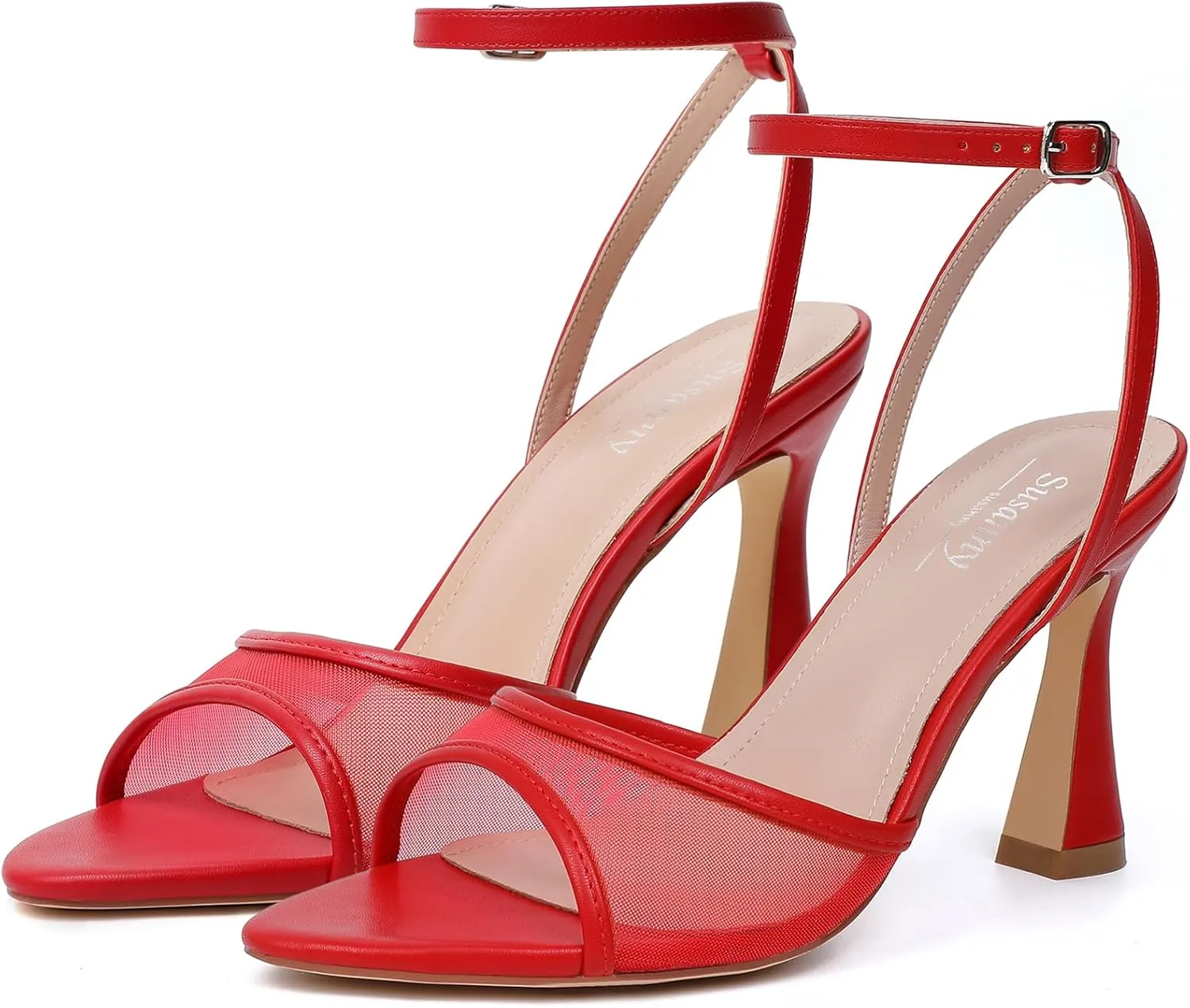 Susanny High Heels for Women Pointed Open Toe Strappy Chunky Block Heels Ankle Strap Stiletto Kitten Heeled Sandals Wedding Bridal Party Prom Sexy Dress Shoes