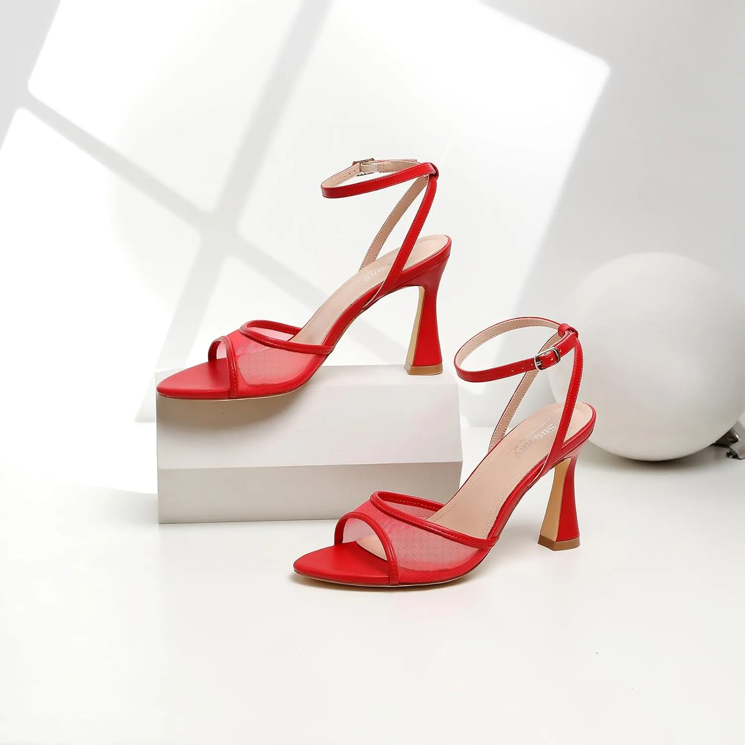 Susanny High Heels for Women Pointed Open Toe Strappy Chunky Block Heels Ankle Strap Stiletto Kitten Heeled Sandals Wedding Bridal Party Prom Sexy Dress Shoes