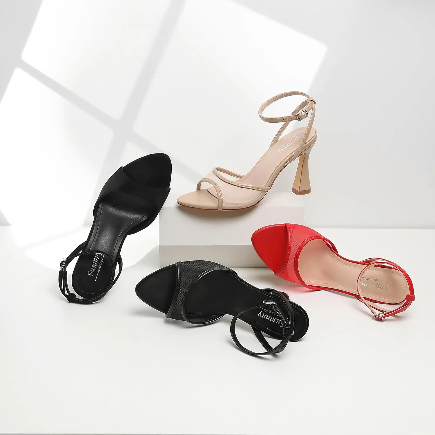 Susanny High Heels for Women Pointed Open Toe Strappy Chunky Block Heels Ankle Strap Stiletto Kitten Heeled Sandals Wedding Bridal Party Prom Sexy Dress Shoes