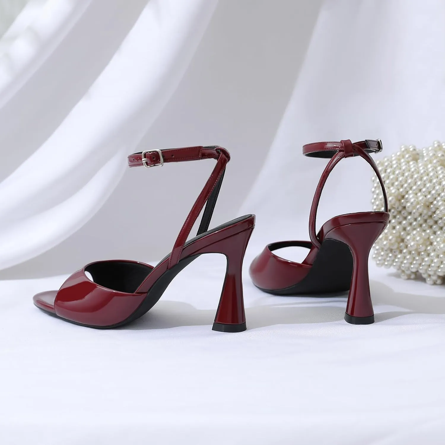 Susanny High Heels for Women Pointed Open Toe Strappy Chunky Block Heels Ankle Strap Stiletto Kitten Heeled Sandals Wedding Bridal Party Prom Sexy Dress Shoes
