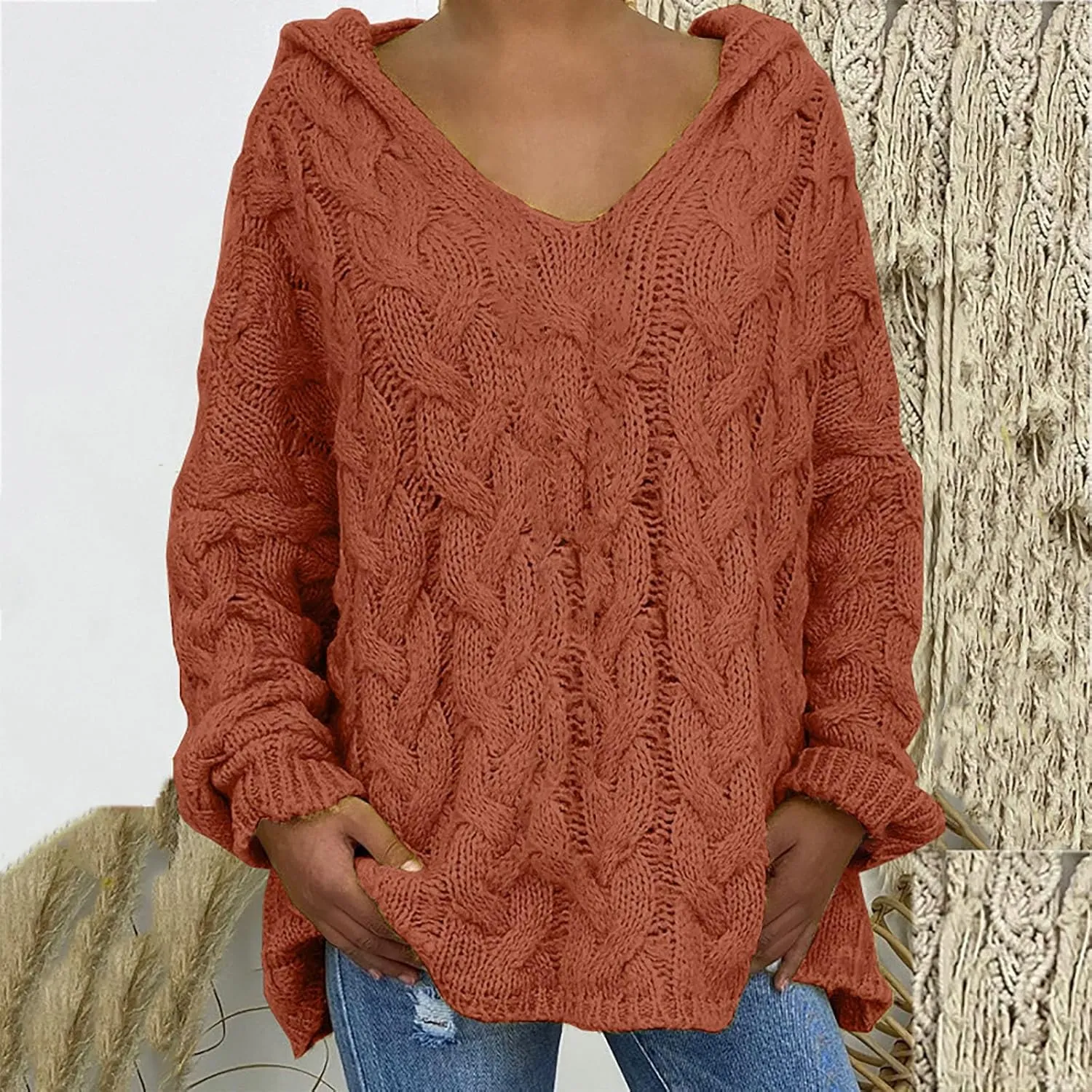 TANGNADE Womens Winter Sweaters Plus Size Hoodies Sweater Knit V Neck Tops Oversized Fashion Casual Long Sleeve Pullover