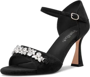 TNYNFBEB Women Chunky Block Mid Heel Peep Open Toe Sandals Ankle Strap Buckle Rhinestone Crystal Party Cute 3.3 Inches Heels