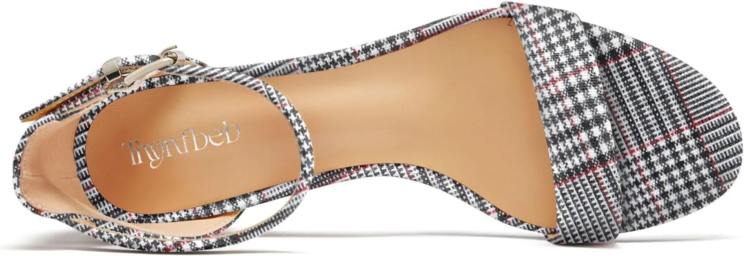 TNYNFBEB Womens Chunky Block Mid Heel Peep Open Toe Sandals Ankle Strap Buckle Prom Basic Classic Summer 3.2 Inches Heels