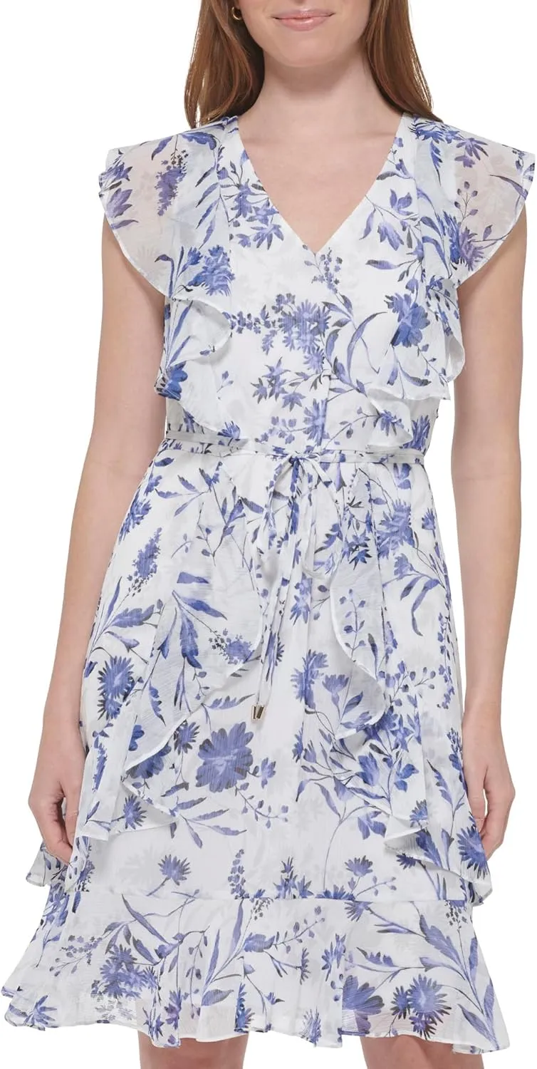 Tommy Hilfiger Women's Fit and Flare Ruffle Sleeve Chiffon Dress