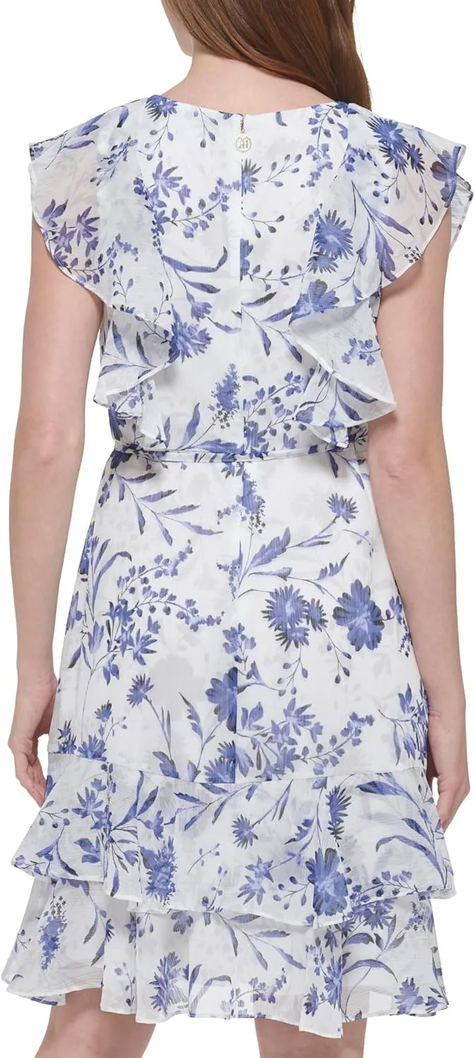 Tommy Hilfiger Women's Fit and Flare Ruffle Sleeve Chiffon Dress