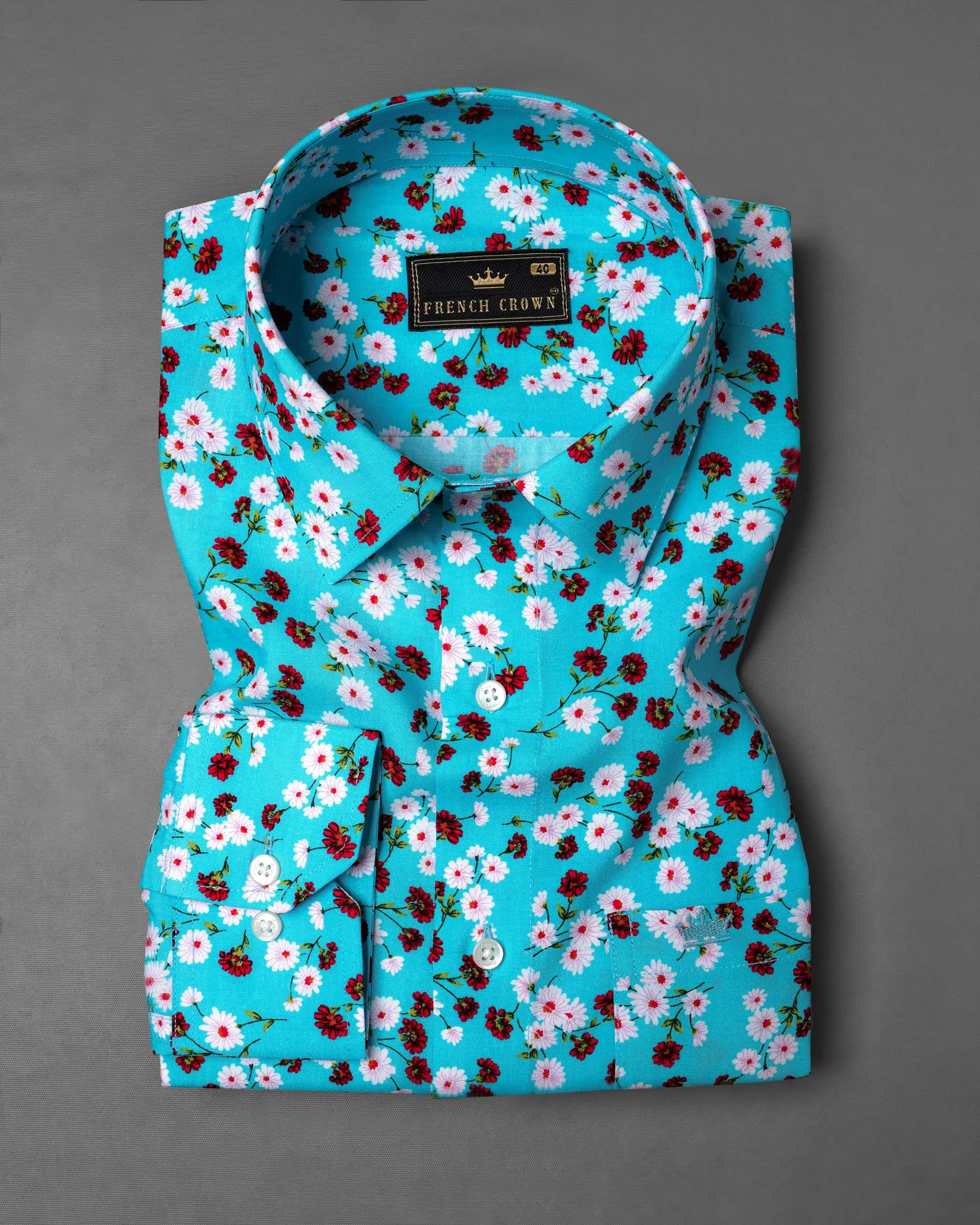 Topaz Blue Ditzy Printed Premium Cotton Shirt