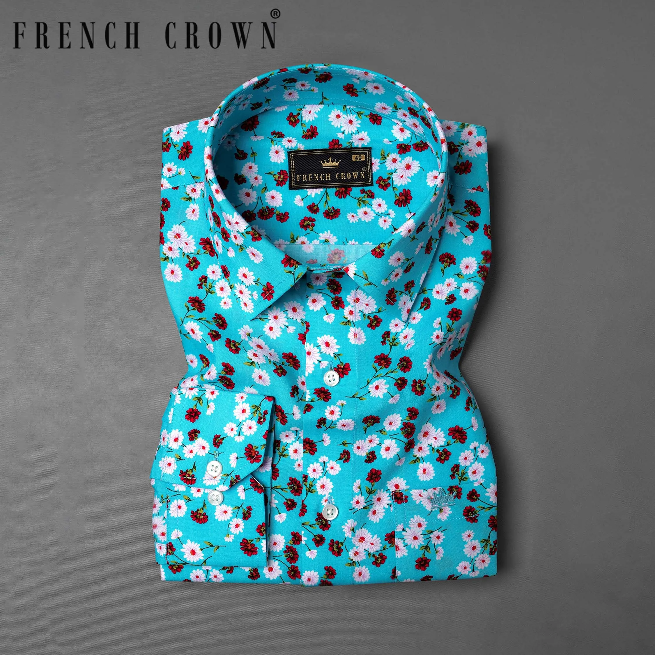 Topaz Blue Ditzy Printed Premium Cotton Shirt