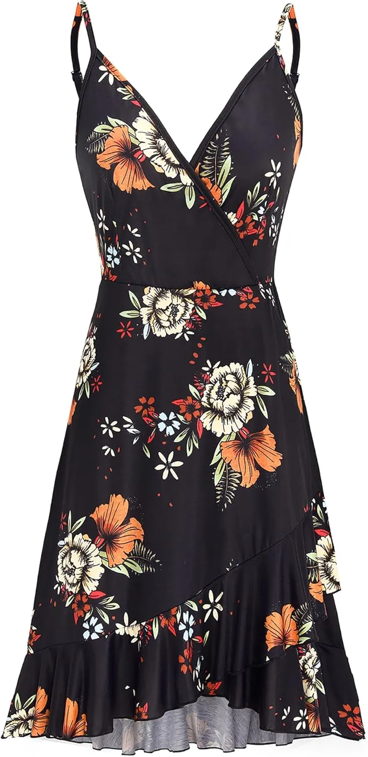 ULTRANICE Womens Summer Dresses Floral V Neck Ruffled Hem Spaghetti Spring Casual Beach Outfits Flowy Wrap Sun Dress