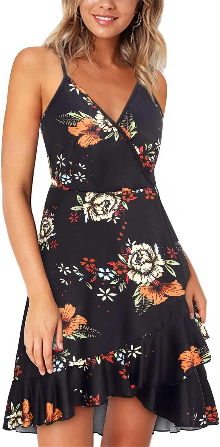 ULTRANICE Womens Summer Dresses Floral V Neck Ruffled Hem Spaghetti Spring Casual Beach Outfits Flowy Wrap Sun Dress