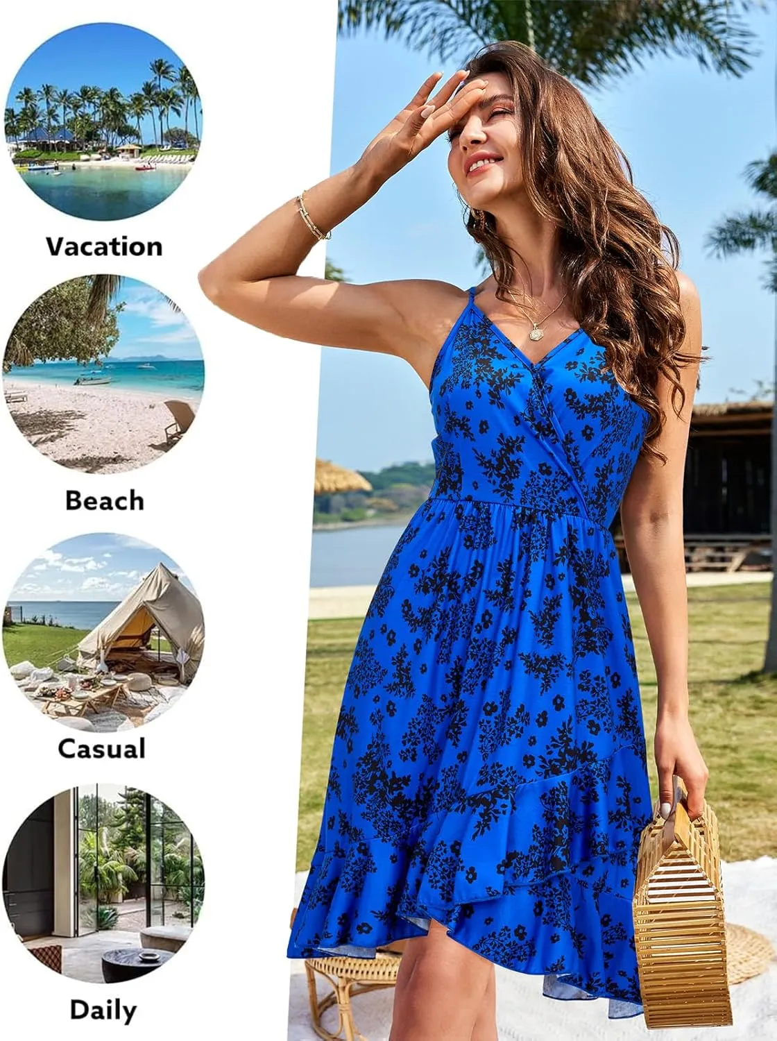 ULTRANICE Womens Summer Dresses Floral V Neck Ruffled Hem Spaghetti Spring Casual Beach Outfits Flowy Wrap Sun Dress