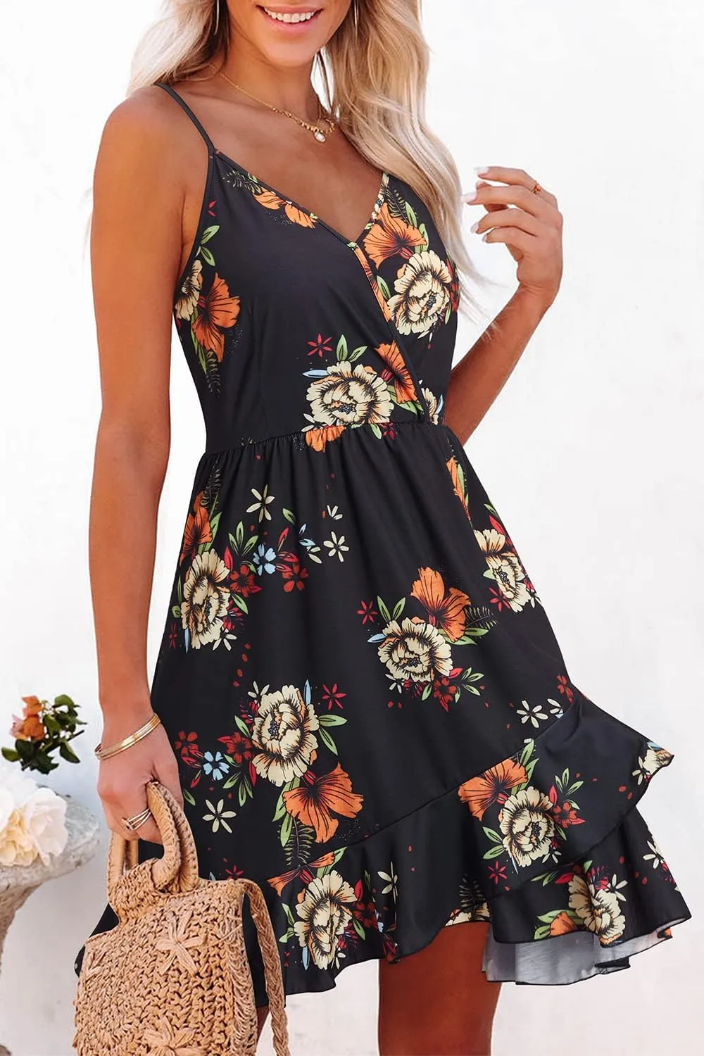 ULTRANICE Womens Summer Dresses Floral V Neck Ruffled Hem Spaghetti Spring Casual Beach Outfits Flowy Wrap Sun Dress