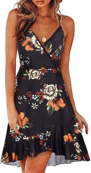ULTRANICE Womens Summer Dresses Floral V Neck Ruffled Hem Spaghetti Spring Casual Beach Outfits Flowy Wrap Sun Dress