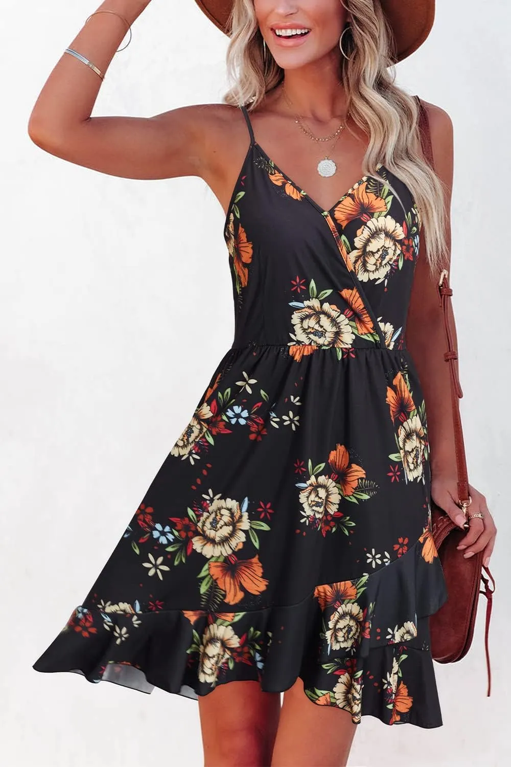 ULTRANICE Womens Summer Dresses Floral V Neck Ruffled Hem Spaghetti Spring Casual Beach Outfits Flowy Wrap Sun Dress