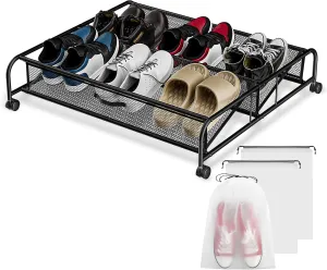 Under Bed Shoe Storage with Wheels, 1 Pack Under Bed Shoe Organizer with Metal & Mesh Cloth, Rolling Under Bed Storage Containers, Shoe Rack Under the Bed for Bedroom Space Saving (Large)