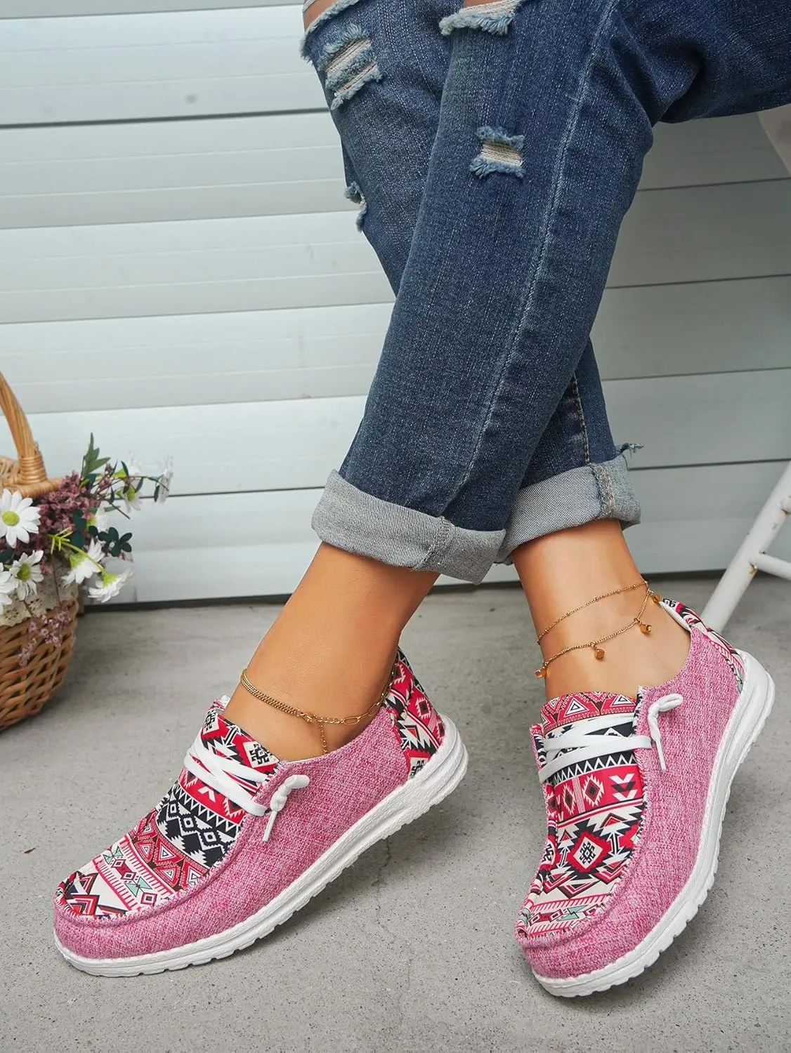 Unisex Adults/Teenagers Ethnic Aztec Print Pattern Canvas Loafers Wide Width Lace-up Slip-on Sneakers Comfort Ultralight Breathable Walking/Driving/Work/Daily Shoes for Women/Men, Blue/Brown/Rose-Red