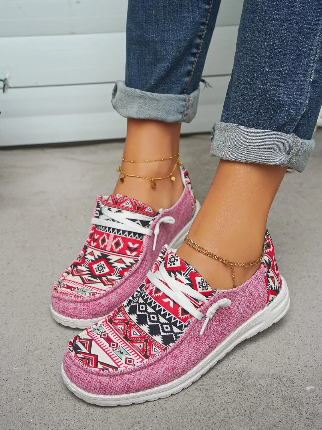 Unisex Adults/Teenagers Ethnic Aztec Print Pattern Canvas Loafers Wide Width Lace-up Slip-on Sneakers Comfort Ultralight Breathable Walking/Driving/Work/Daily Shoes for Women/Men, Blue/Brown/Rose-Red