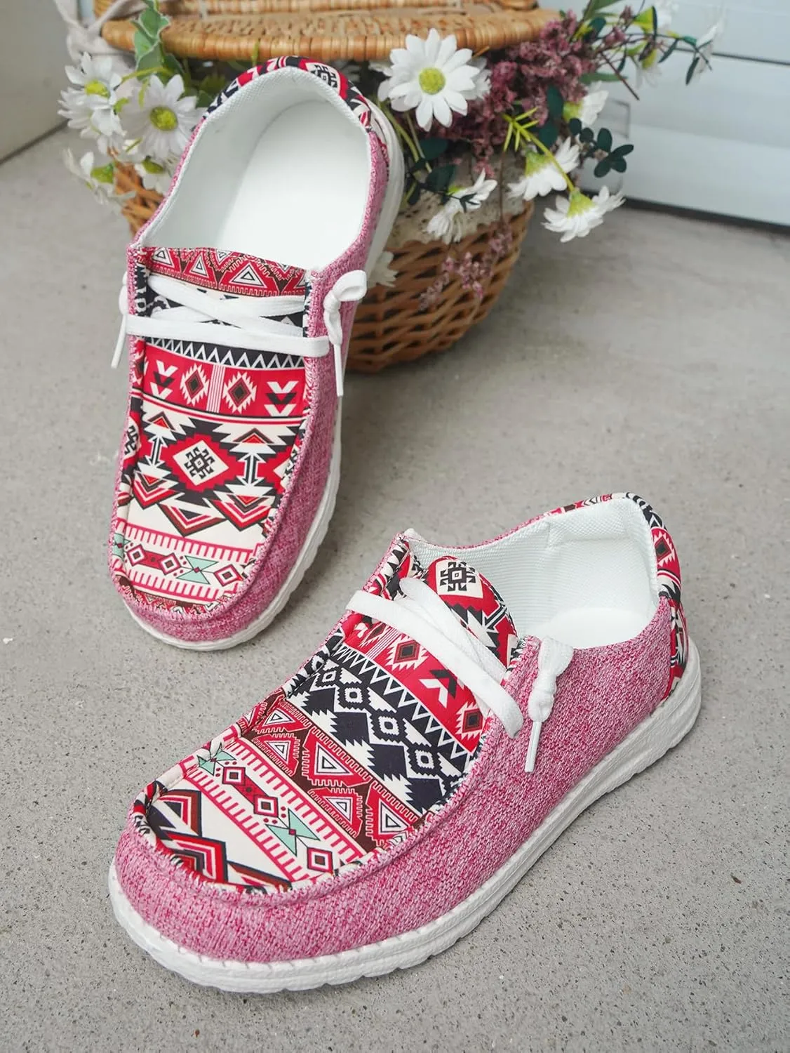 Unisex Adults/Teenagers Ethnic Aztec Print Pattern Canvas Loafers Wide Width Lace-up Slip-on Sneakers Comfort Ultralight Breathable Walking/Driving/Work/Daily Shoes for Women/Men, Blue/Brown/Rose-Red
