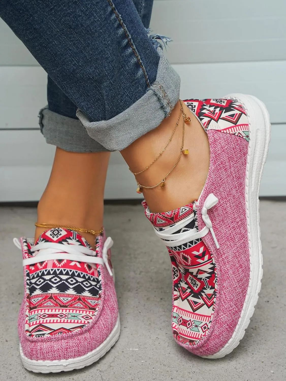 Unisex Adults/Teenagers Ethnic Aztec Print Pattern Canvas Loafers Wide Width Lace-up Slip-on Sneakers Comfort Ultralight Breathable Walking/Driving/Work/Daily Shoes for Women/Men, Blue/Brown/Rose-Red