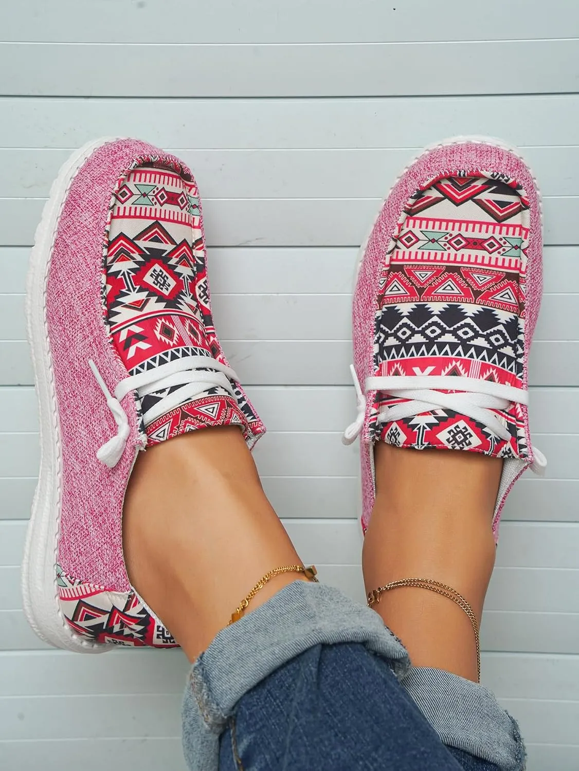 Unisex Adults/Teenagers Ethnic Aztec Print Pattern Canvas Loafers Wide Width Lace-up Slip-on Sneakers Comfort Ultralight Breathable Walking/Driving/Work/Daily Shoes for Women/Men, Blue/Brown/Rose-Red
