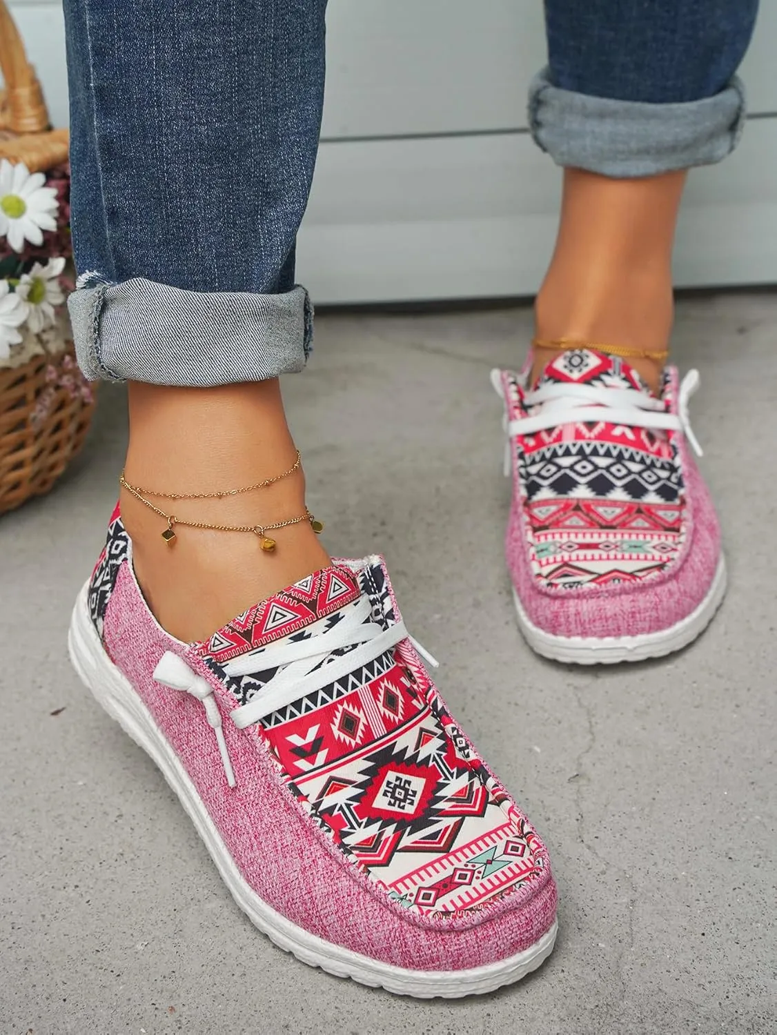 Unisex Adults/Teenagers Ethnic Aztec Print Pattern Canvas Loafers Wide Width Lace-up Slip-on Sneakers Comfort Ultralight Breathable Walking/Driving/Work/Daily Shoes for Women/Men, Blue/Brown/Rose-Red