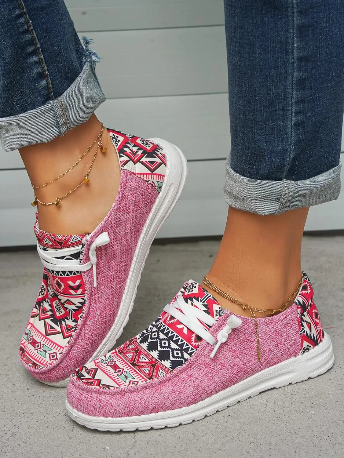Unisex Adults/Teenagers Ethnic Aztec Print Pattern Canvas Loafers Wide Width Lace-up Slip-on Sneakers Comfort Ultralight Breathable Walking/Driving/Work/Daily Shoes for Women/Men, Blue/Brown/Rose-Red