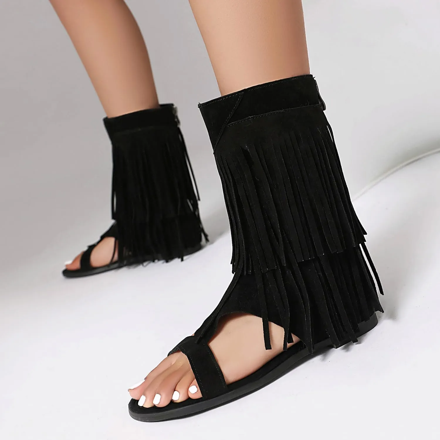 UP2STEP Suede Gladiator Flat Sandal with Fringe Tassel | Stylish Open Toe Design for Women's Trendy Casual Footwear