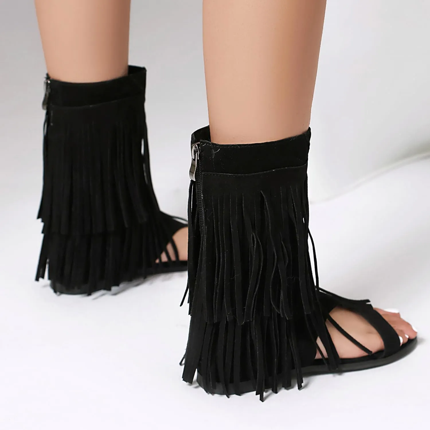 UP2STEP Suede Gladiator Flat Sandal with Fringe Tassel | Stylish Open Toe Design for Women's Trendy Casual Footwear