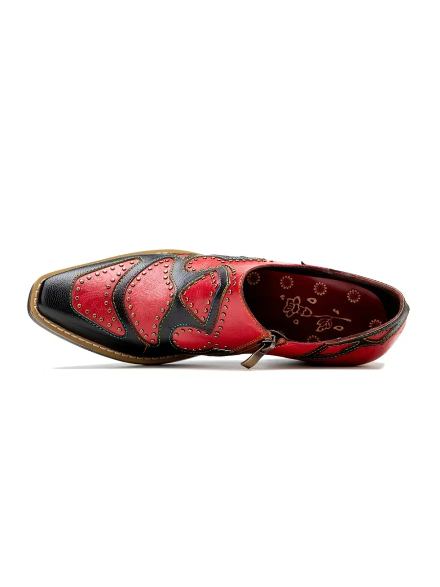 Vicconfy | Studded Red & Black Genuine Leather Loafers Pumps